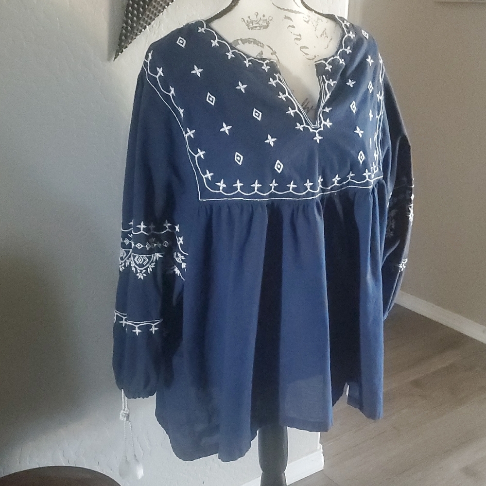 Blue Long Sleeve Boxy Bib Collar Tunic